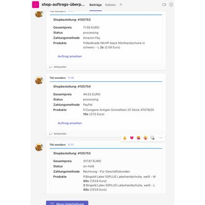 Captură de ecran a unei platforme de social media care afișează un fir de discuție despre comenzile din magazin cu TeamsAlert/SlackAlert de la Altruan. Mai mulți utilizatori publică detalii despre comenzi, inclusiv descrieri de produse, cantități și prețuri.