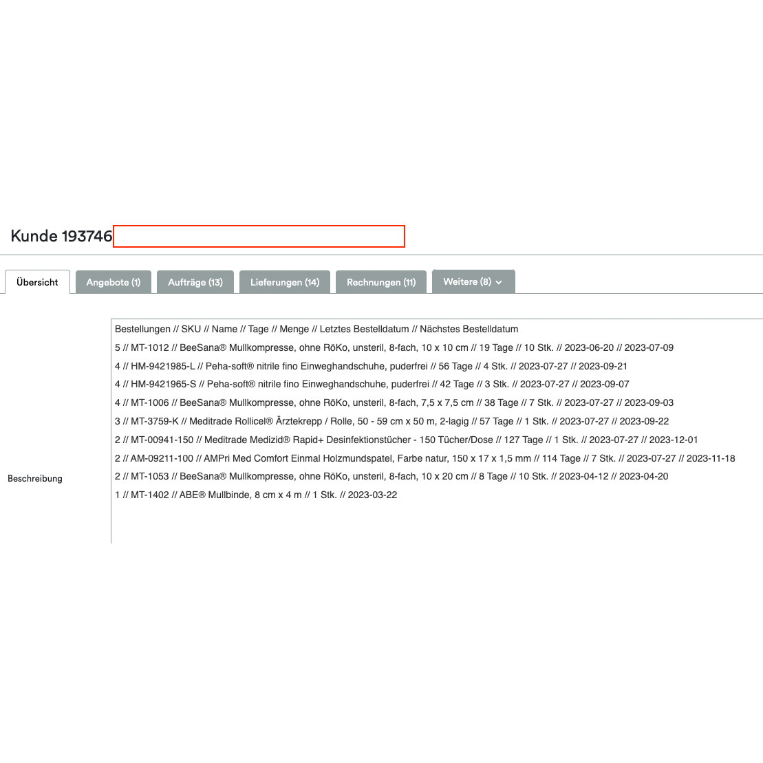 Un screenshot care arată o interfață Altruan ClientView Orders cu diferite file precum „Übersicht“, „Angebote“ și altele. În partea de sus este evidențiat numărul de client 193746. Secțiunea următoare arată Weclapp-Kundenübersicht nach gekauften Produkten.