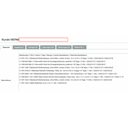 Un screenshot care arată o interfață Altruan ClientView Orders cu diferite file precum „Übersicht“, „Angebote“ și altele. În partea de sus este evidențiat numărul de client 193746. Secțiunea următoare arată Weclapp-Kundenübersicht nach gekauften Produkten.