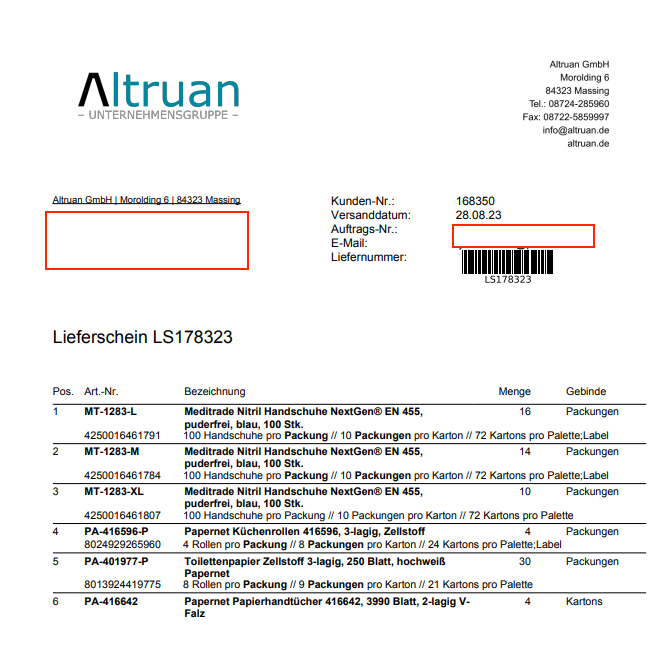 O imagine a unui aviz de expediere de la „Altruan” cu detalii precum adresa expeditorului, numărul facturii și o listă detaliată a produselor expediate, inclusiv cantități și tipuri de ambalaje.