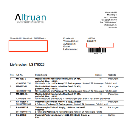 O imagine a unui aviz de expediere de la „Altruan” cu detalii precum adresa expeditorului, numărul facturii și o listă detaliată a produselor expediate, inclusiv cantități și tipuri de ambalaje.