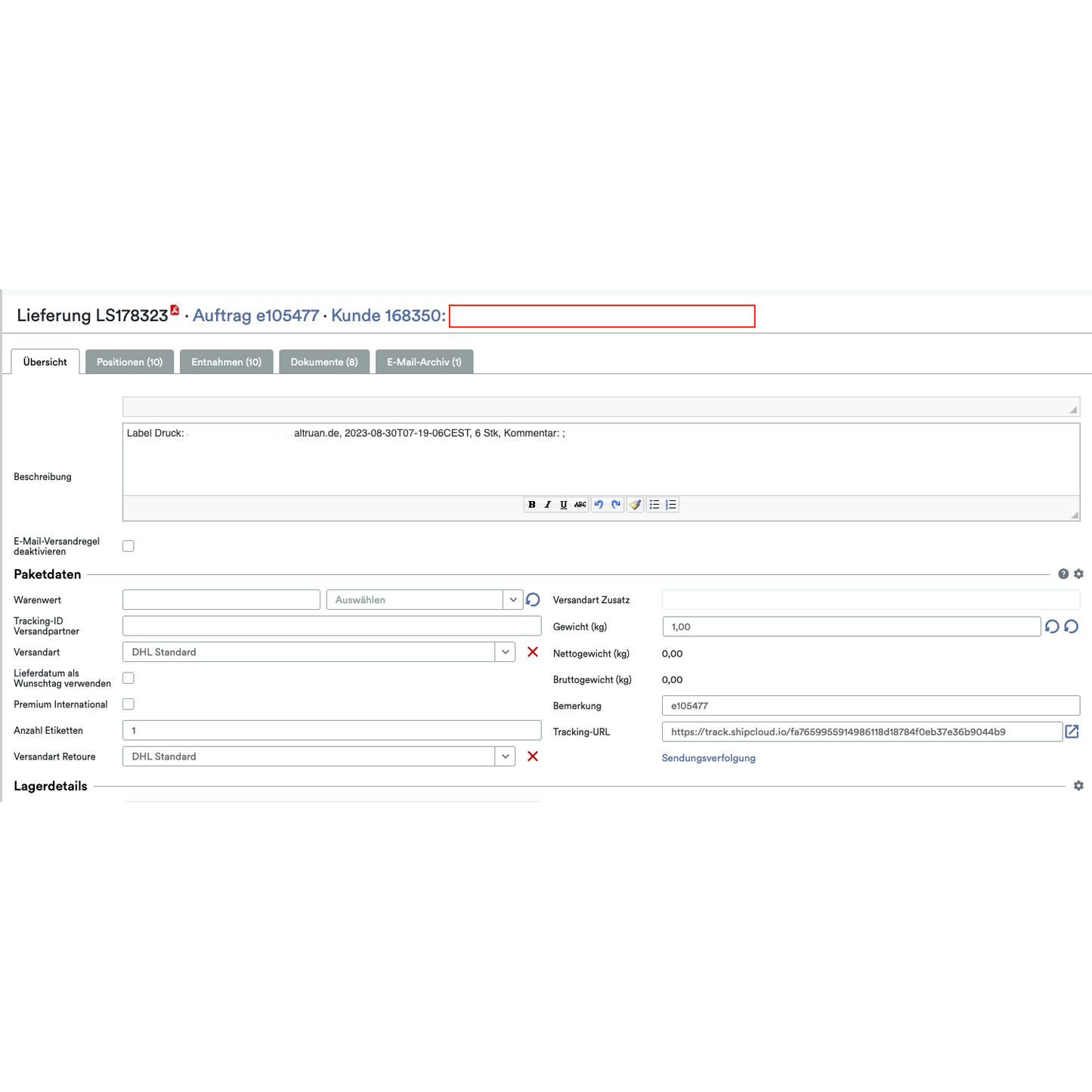 Captură de ecran a interfeței software-ului de logistică al aplicației Altruan PackMaster, care arată o comandă cu număr de client și conține câmpuri text și meniuri derulante pentru detalii de expediere, inclusiv metoda de livrare și opțiuni de ambalare.