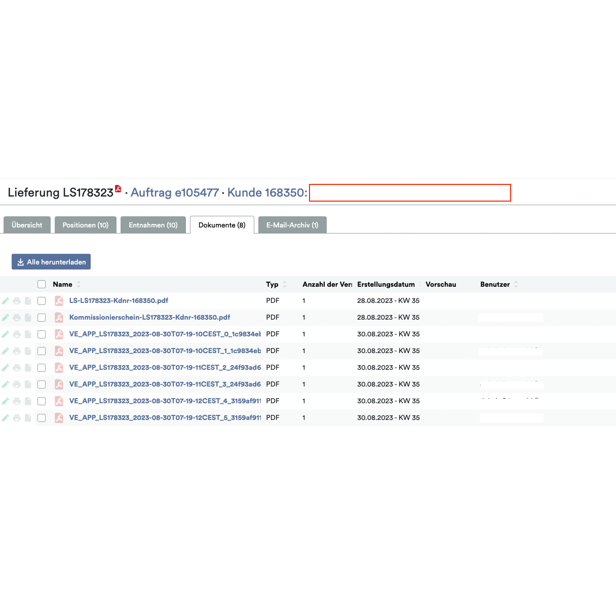 O captură de ecran a aplicației Weclapp Logistik Packing, care arată un sistem digital de documente cu o listă de fișiere PDF, fiecare asociat cu metadate specifice, cum ar fi tipul, numărul de pagini, data creării și informații ascunse despre utilizator.