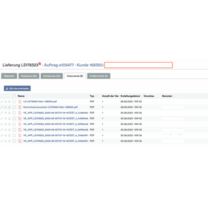 O captură de ecran a aplicației Weclapp Logistik Packing, care arată un sistem digital de documente cu o listă de fișiere PDF, fiecare asociat cu metadate specifice, cum ar fi tipul, numărul de pagini, data creării și informații ascunse despre utilizator.
