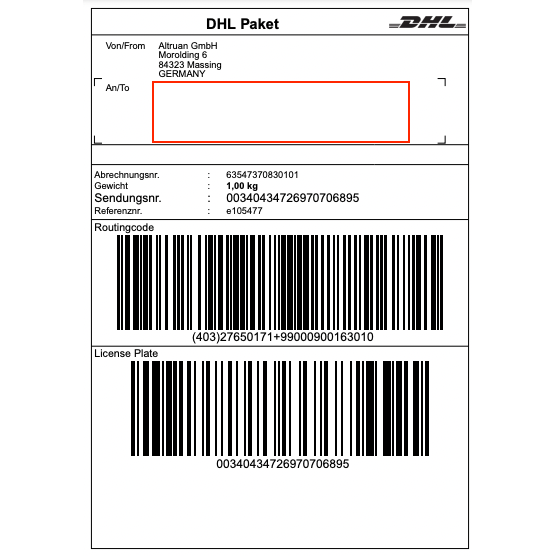 O etichetă DHL a Altruan GmbH (Morolding 6, 84323 Massing, Germania) conține coduri de bare și o greutate de 1,00 kg cu numărul de urmărire 00340434276970706895. Adresa destinatarului este goală pentru actualizări prin aplicația PackMaster: Weclapp Logistik Packing App pentru îmbunătățirea eficienței etichetelor de expediere.