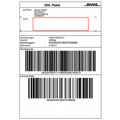 O etichetă DHL a Altruan GmbH (Morolding 6, 84323 Massing, Germania) conține coduri de bare și o greutate de 1,00 kg cu numărul de urmărire 00340434276970706895. Adresa destinatarului este goală pentru actualizări prin aplicația PackMaster: Weclapp Logistik Packing App pentru îmbunătățirea eficienței etichetelor de expediere.