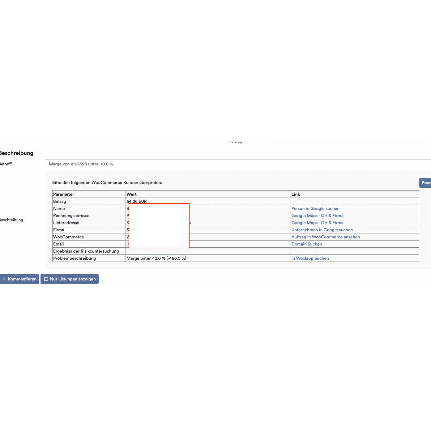 O captură de ecran a unei pagini web care arată un formular de detalii ale facturii cu câmpuri precum sumă, adresă de facturare și altele pentru „Cumpărare pe factură“, evidențiate printr-o cutie roșie în jurul unei secțiuni goale folosind OrderGuardian de la Altruan: Sistem de verificare a comenzilor Weclapp.