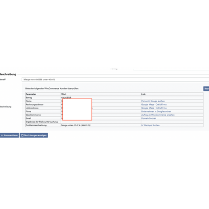 O captură de ecran a unei pagini web care arată un formular de detalii ale facturii cu câmpuri precum sumă, adresă de facturare și altele pentru „Cumpărare pe factură“, evidențiate printr-o cutie roșie în jurul unei secțiuni goale folosind OrderGuardian de la Altruan: Sistem de verificare a comenzilor Weclapp.