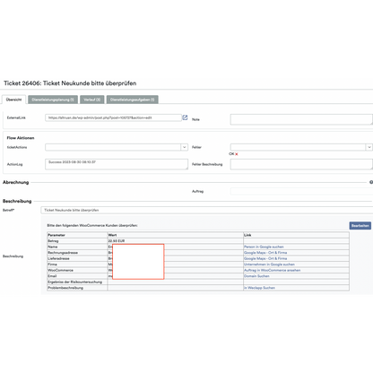 Captură de ecran a interfeței unui sistem de tichete al unui serviciu cloud, unde sunt afișate diferite câmpuri precum „Detalii tichet“, „Jurnal“ și „Client“, cu informații despre o tranzacție, inclusiv costurile articolului, evidențiate într-un câmp roșu. Se folosește OrderGuardian de la Altruan.