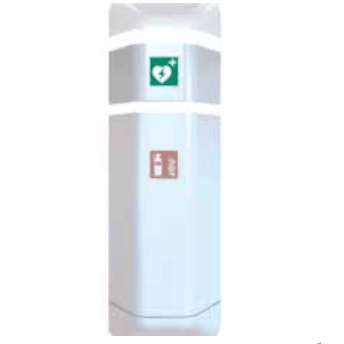 Defibrilatorul Novocal help Aufsatz de la Novocal este un dispozitiv de perete alb, dreptunghiular, cu un semn verde de defibrilator și un simbol roz de prim ajutor, perfect pentru depozitarea setului de urgență și pentru susținerea măsurilor de salvare a vieții.