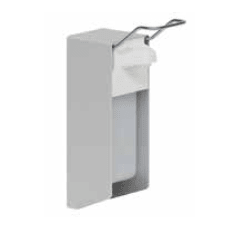 Distribuitorul de dezinfectant Novocal model de perete, cu încuietoare, cu mâner din metal și recipient semitransparent de la Novocal este ideal pentru montarea pe perete pentru săpun sau dezinfectant.