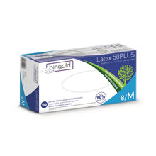 Schachtel Bingold Latex 50PLUS Latexhandschuhe, Größe 8/M von BINGOLD GmbH + Co. KG. Die Verpackung betont ein puderfreies Design und verfügt über eine zu 90 % plastikfreie Formel, die veganfreundlich ist und sich daher perfekt für den Laborgebrauch und den Schutz vor chemischen Gefahren eignet. Enthält 100 Handschuhe.