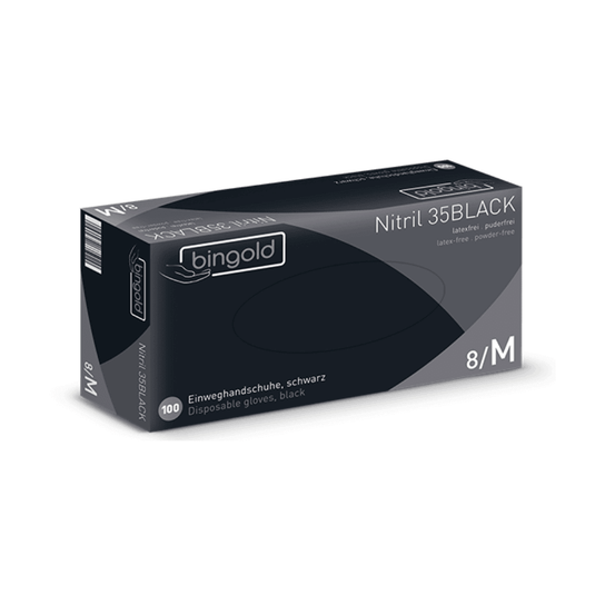 Se prezintă o cutie de mănuși din nitril Bingold 35BLACK, un produs al companiei BINGOLD GmbH + Co. KG. Aceste mănuși de mărime medie sunt ideale pentru domeniile care necesită igienă, nu conțin latex și nu sunt pudrate, iar ambalajul lor poartă texte în mai multe limbi.