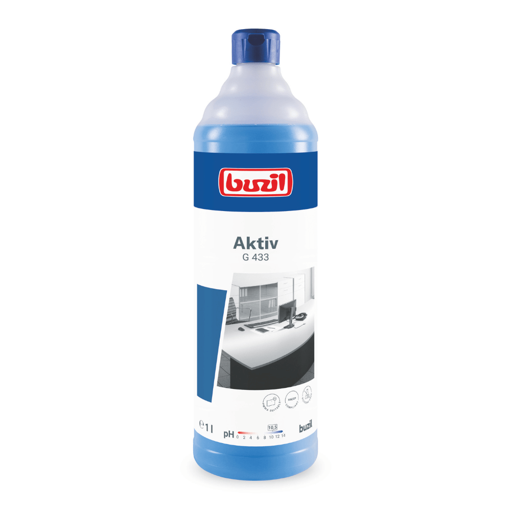 Pe un fundal alb se vede o sticlă de Detergent universal prietenos cu materialele Buzil Aktiv G 433 de la BUZIL-WERK Wagner GmbH & Co. KG. Sticla albastră poartă pe etichetă numele produsului și imaginea unui birou curat, care indică proprietățile delicate ale detergentului. Sticla are o capacitate de 1 litru.