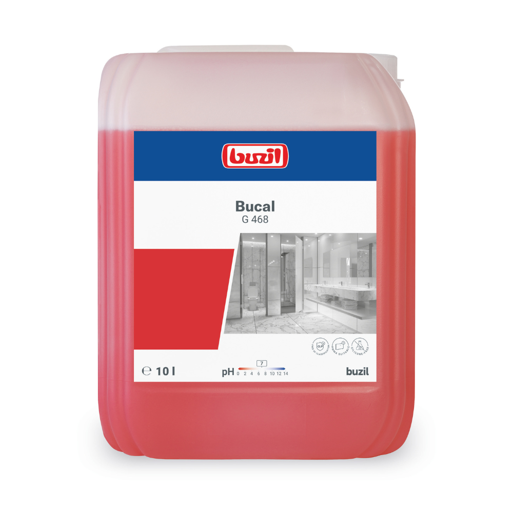 Un recipient de 10 litri de detergent de întreținere sanitară fără acid Buzil Bucal G 468 de la BUZIL-WERK Wagner GmbH & Co. KG, cunoscut pentru formula sa fără acid și parfumul său proaspăt. Recipientul este dreptunghiular, are un design roșu și transparent și o etichetă pe partea din față, pe care sunt vizibile numele mărcii, detalii despre produs și o imagine a unui interior curat.