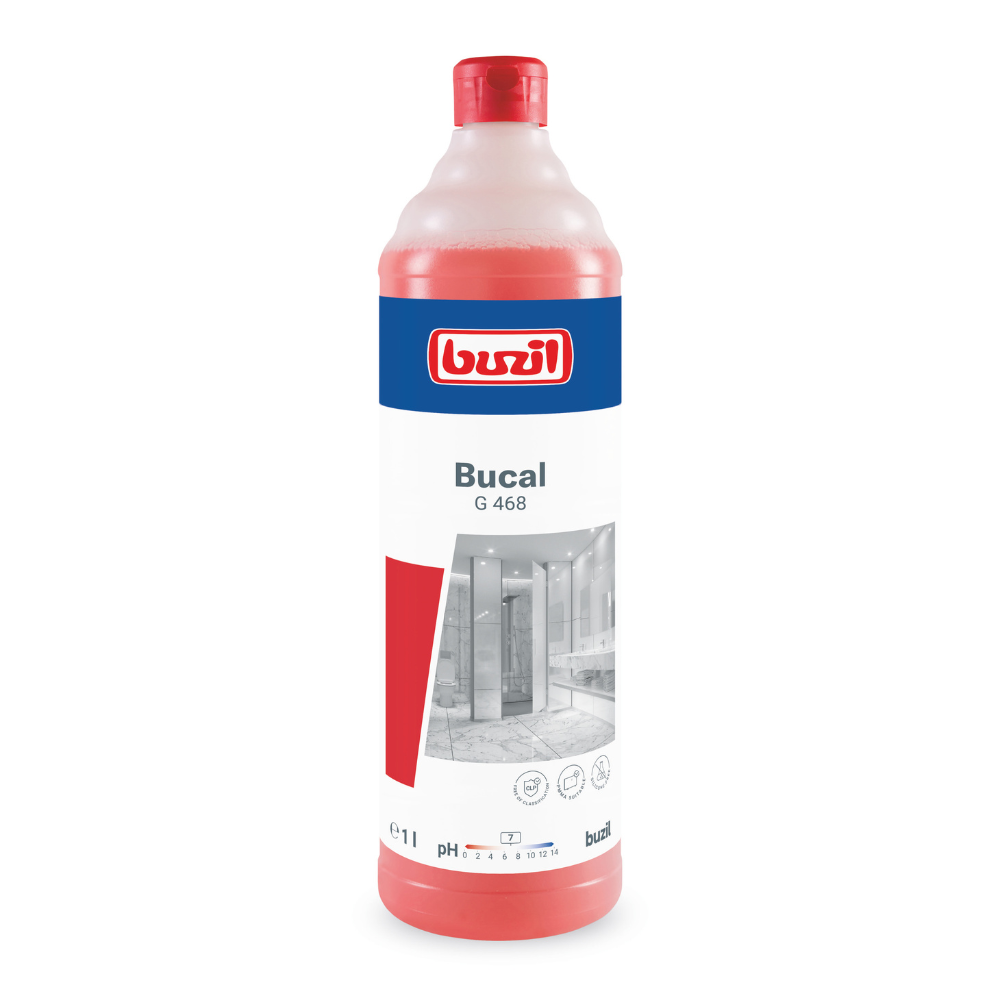 O sticlă de 1 litru de detergent de întreținere sanitară fără acid Buzil Bucal G 468 de la BUZIL-WERK Wagner GmbH & Co. KG, recunoscută printr-un capac roșu. Eticheta arată un motiv de baie și subliniază că produsul este atât fără acid, cât și pH-neutral, oferind un parfum proaspăt revigorant.