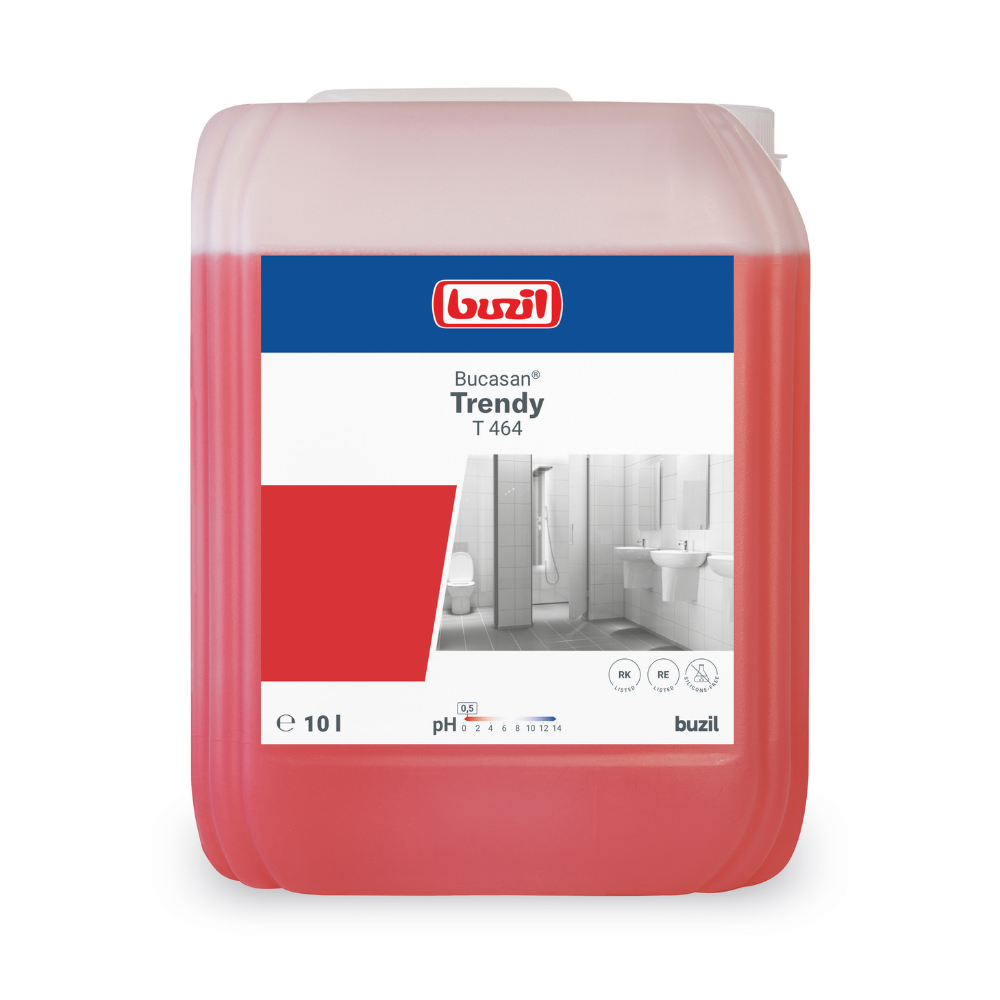 Un recipient de 10 litri Buzil Bucasan® Trendy T 464, un detergent intensiv parfumat pentru întreținerea sanitară de la BUZIL-WERK Wagner GmbH & Co. KG, este conceput pentru îndepărtarea calcarului. Eticheta arată o imagine de baie, iar numele produsului și valoarea pH-ului sunt vizibile clar. Acest lichid roșu asigură strălucire fără urme în rutina dumneavoastră de curățare.