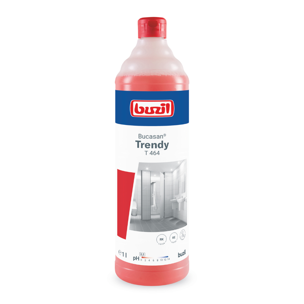 O sticlă de 1 litru Buzil Bucasan® Trendy T 464, un detergent intensiv parfumat pentru întreținerea sanitară, în designul roșu-alb al BUZIL-WERK Wagner GmbH & Co. KG, prezintă pe etichetă un motiv de baie și simboluri de utilizare. Promite strălucire fără urme și este închisă cu un capac roșu care conține o soluție de curățare eficientă.