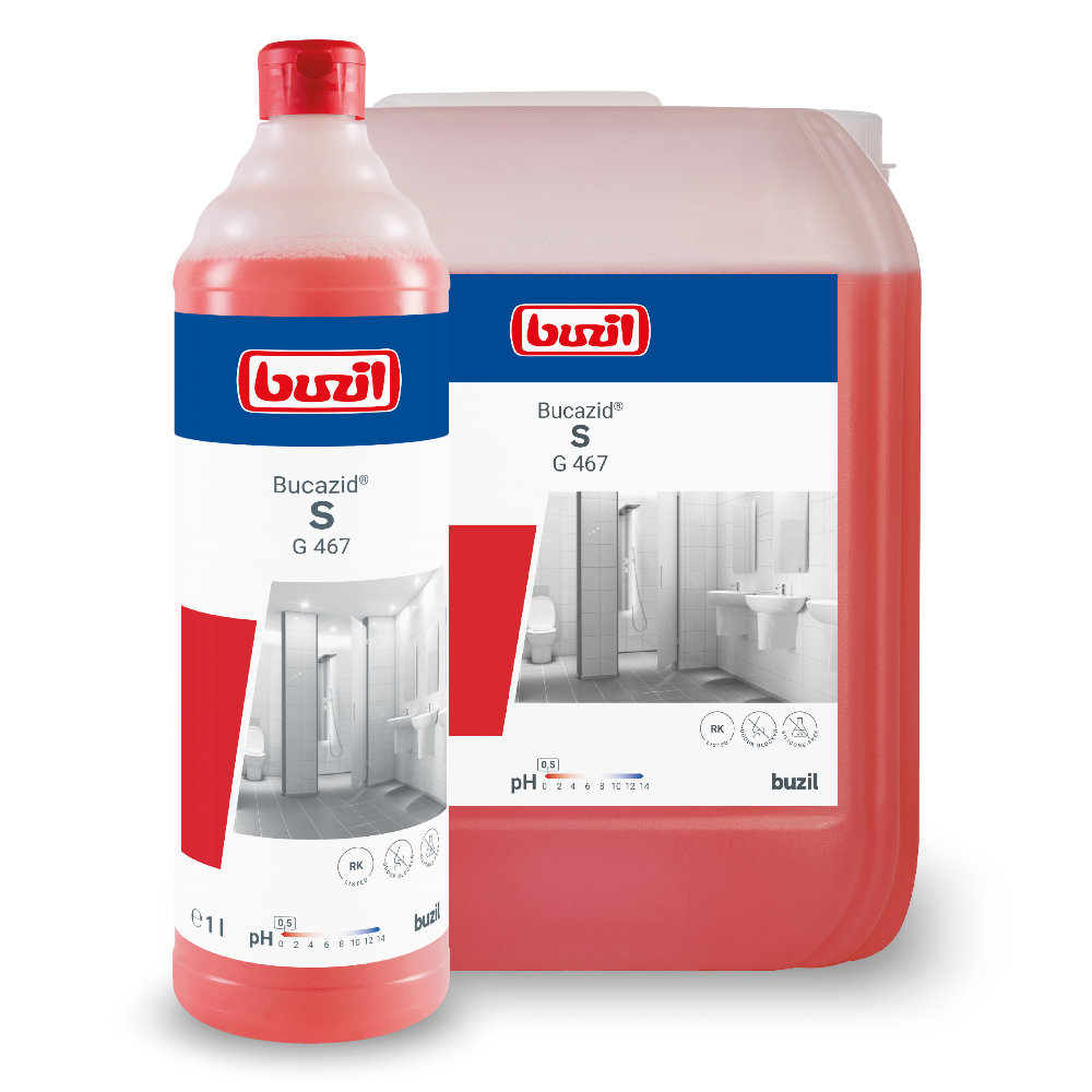 Eine rote Flasche und ein größerer roter Behälter, beide mit dem Logo der BUZIL-WERK Wagner GmbH & Co. KG und „Buzil Bucazid® S G 467 Sanitärreiniger mit Geruchsblocker“, zeigen Bilder eines Badezimmers mit Toilette und Waschbecken. Dieser leistungsstarke Reiniger verwendet Amidosulfonsäure für eine verbesserte Reinigungswirkung. Die Flasche enthält 1 Liter, während der Behälter größer ist.