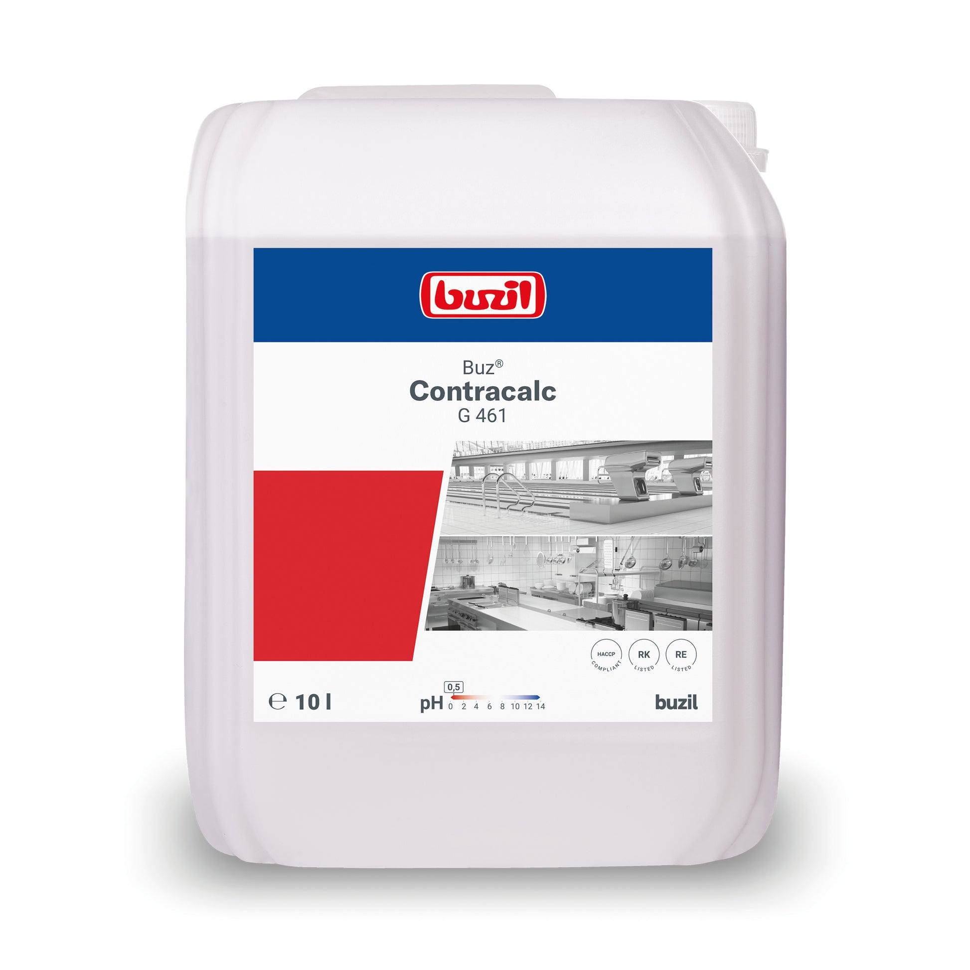 Ein 10-Liter-Behälter mit Buzil Buz® Contracalc G 461 Farbloser Grundreiniger und Entkalker in Weiß, mit einem rot-blauen Etikett mit einem Bild einer Industrieanlage. Dieser Entkalker von BUZIL-WERK Wagner GmbH & Co. KG hat einen pH-Wert von 3,4, enthält Inhaltsstoffe auf Phosphorsäurebasis und trägt stolz das Buzil-Logo.