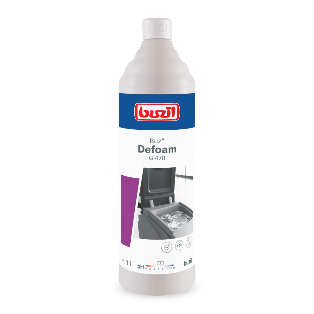 O sticlă de Buzil Buz® Defoam G 478 Agent de spumare pentru mașini, produsă de BUZIL-WERK Wagner GmbH & Co. KG, este prezentată cu o etichetă albă cu marcă albastru-roșie. Sticla a fost concepută pentru scopuri de defoamare și afișează o imagine cu spumă pe o suprafață de tratat. Capacitatea de 1 litru o face ideală pentru reducerea spumei în diferite mașini de curățare.