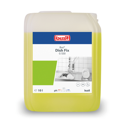 Un recipient de 10 litri Buzil Buz® Dish Fix G 530 detergent manual pentru vase și detergent neutru de la BUZIL-WERK Wagner GmbH & Co. KG, prevăzut cu o etichetă parțial verde-albastră cu ilustrația unei chiuvete de bucătărie, farfurii și logo-ul mărcii; valoarea pH-ului este afișată cu ajutorul unei scale de culori.