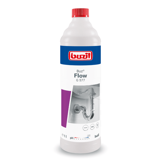 O sticlă de 1 litru de Buzil Buz® Flow G 577, detergent lichid pentru curățarea țevilor, produs de BUZIL-WERK Wagner GmbH & Co. KG. Eticheta prezintă o imagine grafică reprezentând instalații sanitare și logo-ul produsului. Sticla, predominant albă, este accentuată cu detalii roșii, albastre și violete și este prevăzută cu un capac roșu, care servește la eliminarea eficientă a blocajelor din canalizări.
