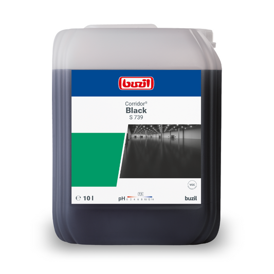 Ein 10-Liter-Kanister Buzil Corridor® Black S 739 Schwarze Dispersion, perfekt für die professionelle Bodenpflege. Der überwiegend schwarze Behälter enthält ein weiß-grünes Etikett mit dem Produktnamen und einem Bild eines polierten Bodens, ideal zum Erzielen dieses schwarzen Dispersionsfinishs.