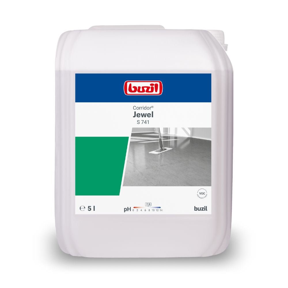 Este ilustrat un bidon de 5 litri cu detergentul pentru podea Buzil Corridor® Jewel S 741 dispersie de înaltă performanță de la BUZIL-WERK Wagner GmbH & Co. KG. Eticheta arată logo-ul mărcii, numele produsului și o imagine a unei podele strălucitoare. Indică un pH de 7,8 și dispune de un simbol de adecvare pentru PVC, ceea ce îl face ideal pentru scopuri de acoperire a podelelor.