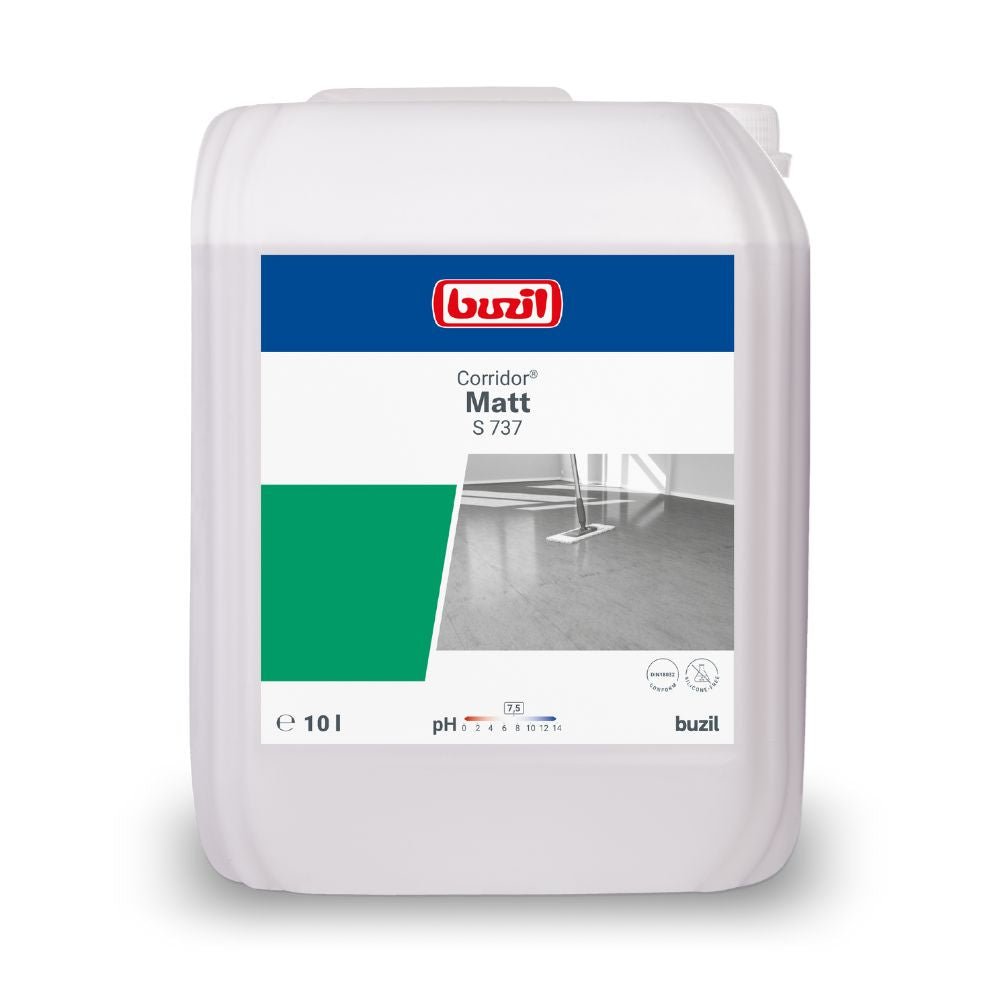 Un recipient de 10 litri de dispersie mată de mătase Buzil Corridor® Matt S 737, fabricat de BUZIL-WERK Wagner GmbH & Co. KG, este etichetat cu un finisaj semimat. Eticheta prezintă logo-ul mărcii, numele produsului și o ilustrație a pardoselilor, iar elementele de design în verde și gri completează aspectul.