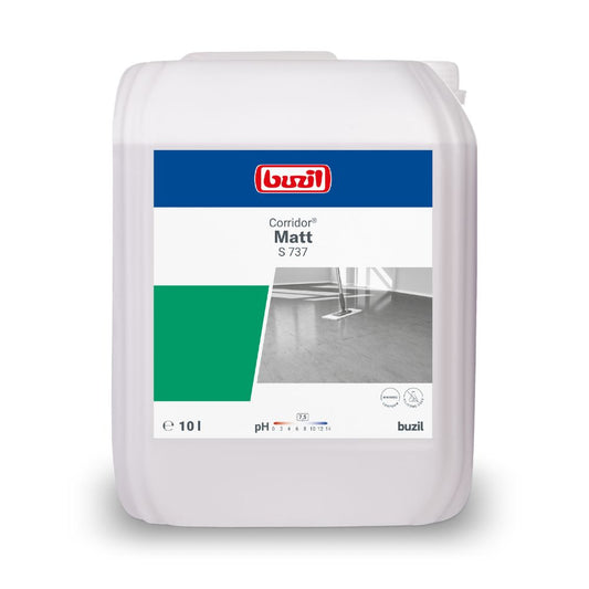 Ein 10-Liter-Gebinde der Seidenmatte Dispersion Buzil Corridor® Matt S 737, hergestellt von BUZIL-WERK Wagner GmbH & Co. KG, ist auf dem Etikett mit einer halbmatten Lackierung versehen. Darauf sind das Markenlogo, der Produktname sowie eine Abbildung von Bodenbelägen abgebildet, Designelemente in Grün und Grau runden das Erscheinungsbild ab.