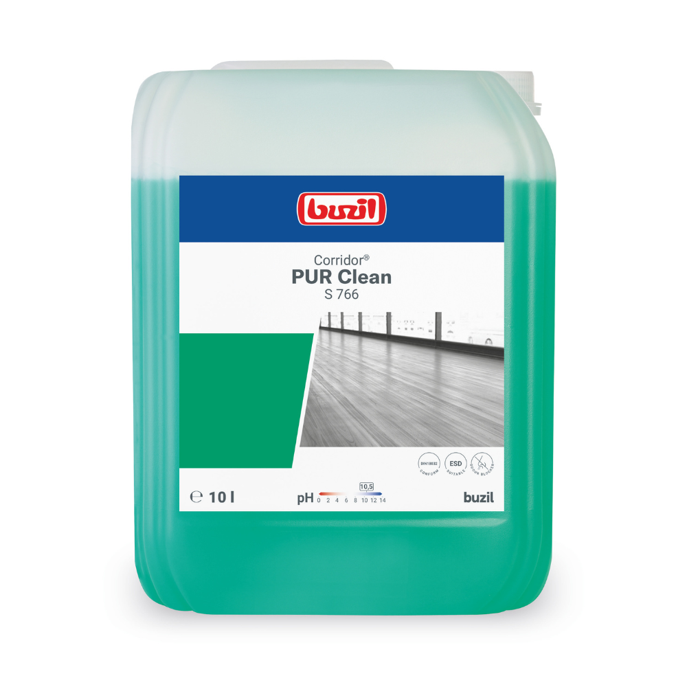 Imagine a unui recipient de 10 litri Buzil Corridor® PUR Clean S 766 Detergent de podea ultra-umectant cu blocator de mirosuri de la BUZIL-WERK Wagner GmbH & Co. KG. Recipientul umplut cu lichid verde arată eticheta produsului cu informații despre dimensiuni și pH, precum și o imagine a unei podele de lemn impecabile. Ideal pentru a face podelele să miroasă proaspăt cu formula sa de blocare a mirosurilor.