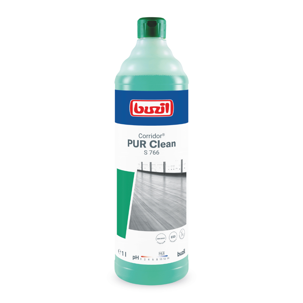 Buzil Corridor® PUR Clean S 766 Detergent de podea ultra-umectant cu blocator de mirosuri de la BUZIL-WERK Wagner GmbH & Co. KG este disponibil într-o sticlă cu design verde deschis, etichetă albastră și logo roșu. Conține 1 litru de produs, ideal pentru întreținerea podelelor impecabile, și este prevăzut pe ambalaj cu o imagine a unei podele curate.