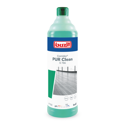 Buzil Corridor® PUR Clean S 766 Detergent de podea ultra-umectant cu blocator de mirosuri de la BUZIL-WERK Wagner GmbH & Co. KG este disponibil într-o sticlă cu design verde deschis, etichetă albastră și logo roșu. Conține 1 litru de produs, ideal pentru întreținerea podelelor impecabile, și este prevăzut pe ambalaj cu o imagine a unei podele curate.