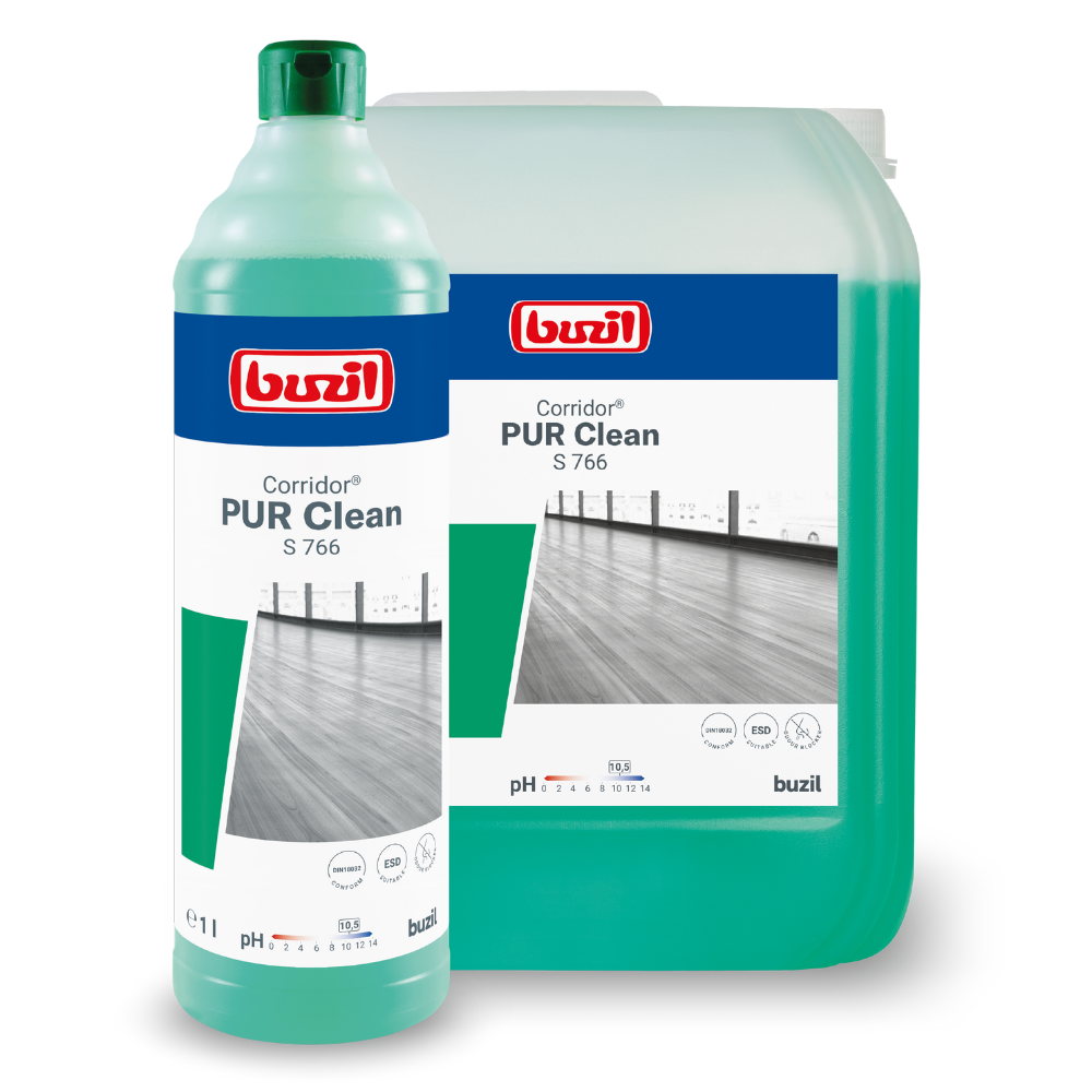 Sunt expuse un recipient mare și o sticlă de Buzil Corridor® PUR Clean S 766 Detergent de podea ultra-umectant cu blocator de mirosuri cu lichid verde. Etichetele arată o imagine a unei podele de hol strălucitoare și un text care evidențiază acest detergent de podea eficient cu blocator de mirosuri de la BUZIL-WERK Wagner GmbH & Co. KG.