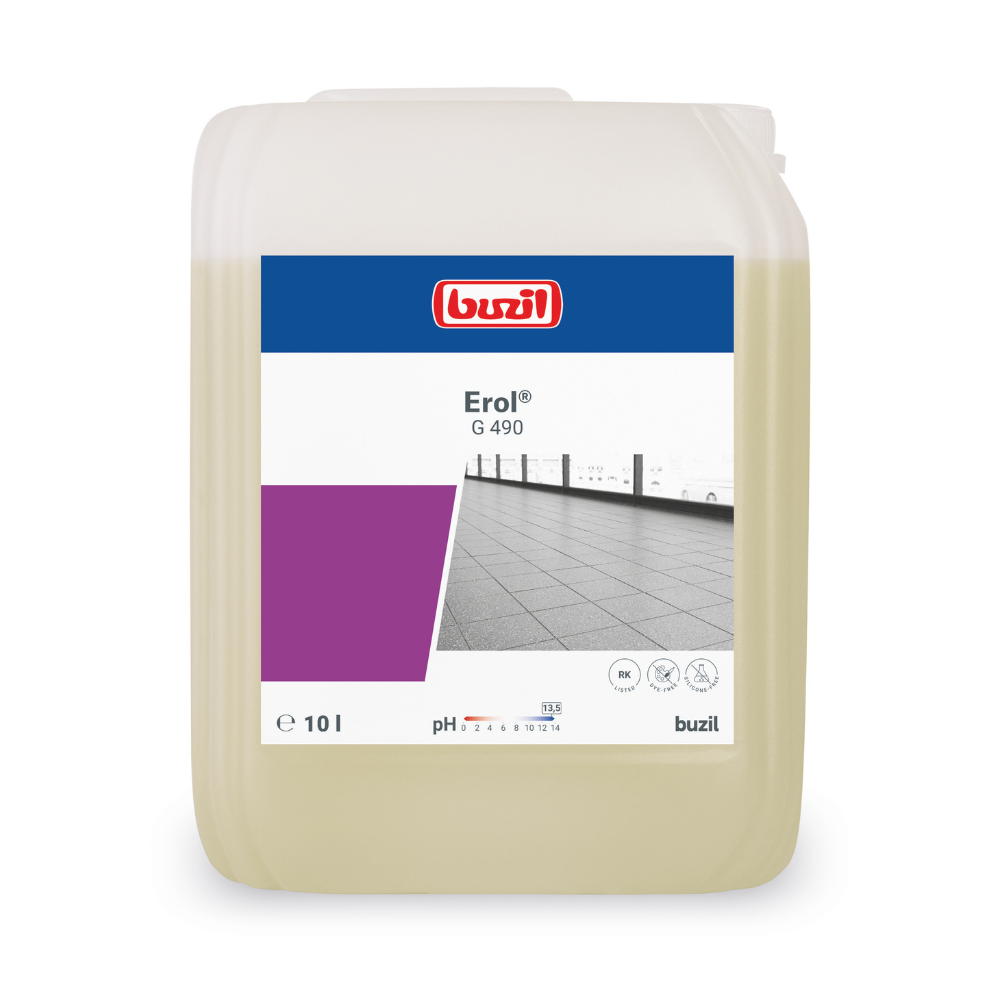 Buzil Erol® G 490 Detergent alcalin intensiv pentru plăci de porțelan de la BUZIL-WERK Wagner GmbH & Co. KG este livrat într-un recipient de 10 litri, decorat cu o imagine a unei pardoseli cu plăci. Este conceput pentru curățarea în profunzime și are un pH sub 9, ceea ce îl face perfect pentru curățarea suprafețelor de plăci de porțelan.