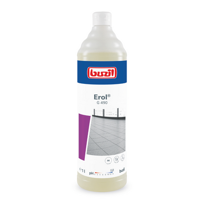 Sticla de 1 litru Buzil Erol® G 490 Detergent alcalin intensiv pentru plăci de porțelan de la BUZIL-WERK Wagner GmbH & Co. KG este prevăzută cu un logo roșu și un motiv de pardoseală cu plăci. Sticla albă cu etichetă alb-albastră asigură o curățare în profunzime a diferitelor suprafețe de podea, inclusiv plăci de porțelan.