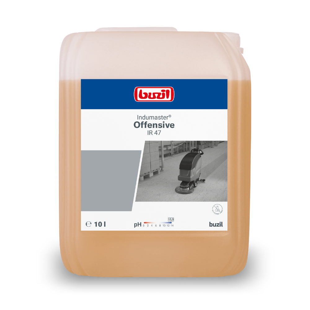 Un recipient de 10 litri de Buzil Indumaster® Offensive IR 47 Detergent industrial intensiv cu alcalinitate ridicată de la BUZIL-WERK Wagner GmbH & Co. KG conține informații detaliate despre produs și o mică ilustrație a unei mașini de curățat podele pe etichetă. Acest detergent industrial cu alcalinitate ridicată este livrat într-un recipient dreptunghiular, echipat cu un mâner practic de transport în partea de sus.