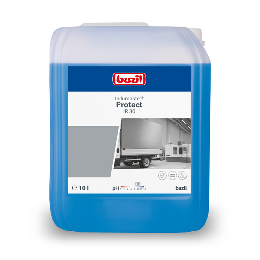 Ein 10-Liter-Kanister Buzil Indumaster® Protect IR 30 Maschinen- und Planenreiniger von BUZIL-WERK Wagner GmbH & Co. KG ist mit einem Etikett versehen, auf dem ein LKW-Bild sowie Angaben wie pH-Wert und Produktname zu finden sind. Dieser blaue Behälter mit weißem Deckel ist für seine Reinigungskraft und seinen Korrosionsschutz bekannt und bietet eine außergewöhnliche Reinigungsleistung.