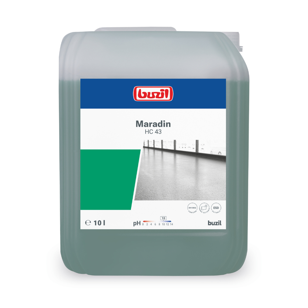 Un recipient de 10 litri Buzil Maradin HC 43 Detergent universal concentrat de la BUZIL-WERK Wagner GmbH & Co. KG are pe etichetă un design albastru-verde, unde sunt afișate detalii despre produs, cum ar fi un simbol pH, simboluri de mediu și o imagine a unui podea curată. Este ideal pentru combaterea murdăriei de ulei și grăsime pe suprafețe rezistente la apă.
