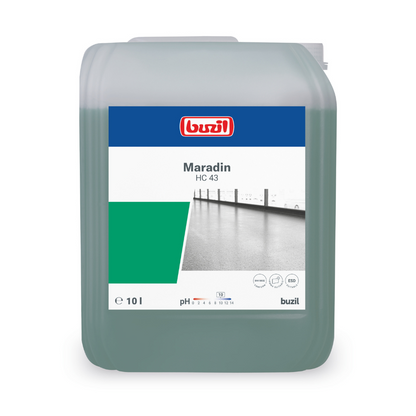 Un recipient de 10 litri Buzil Maradin HC 43 Detergent universal concentrat de la BUZIL-WERK Wagner GmbH & Co. KG are pe etichetă un design albastru-verde, unde sunt afișate detalii despre produs, cum ar fi un simbol pH, simboluri de mediu și o imagine a unui podea curată. Este ideal pentru combaterea murdăriei de ulei și grăsime pe suprafețe rezistente la apă.