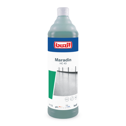 Sticla de 1 litru Buzil Maradin HC 43 Detergent universal concentrat de la BUZIL-WERK Wagner GmbH & Co. KG este ideală pentru îndepărtarea petelor de ulei și grăsime de pe suprafețe rezistente la apă. Eticheta albastru-alb-verde arată o imagine de fundal și oferă informații despre valoarea pH-ului produsului, precum și instrucțiuni de utilizare.