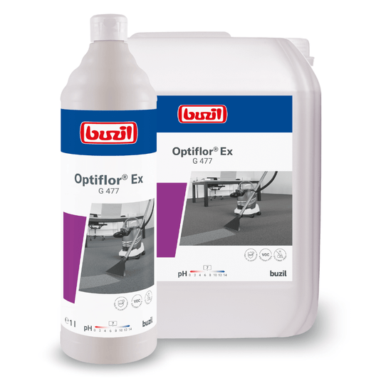 Imaginea prezintă două recipiente cu Buzil Optiflor® Ex G 477, un detergent de bază pentru covoare destinat curățării prin pulverizare și extracție: o sticlă albă și un bidon mare, ambele purtând marca BUZIL-WERK Wagner GmbH & Co. KG.