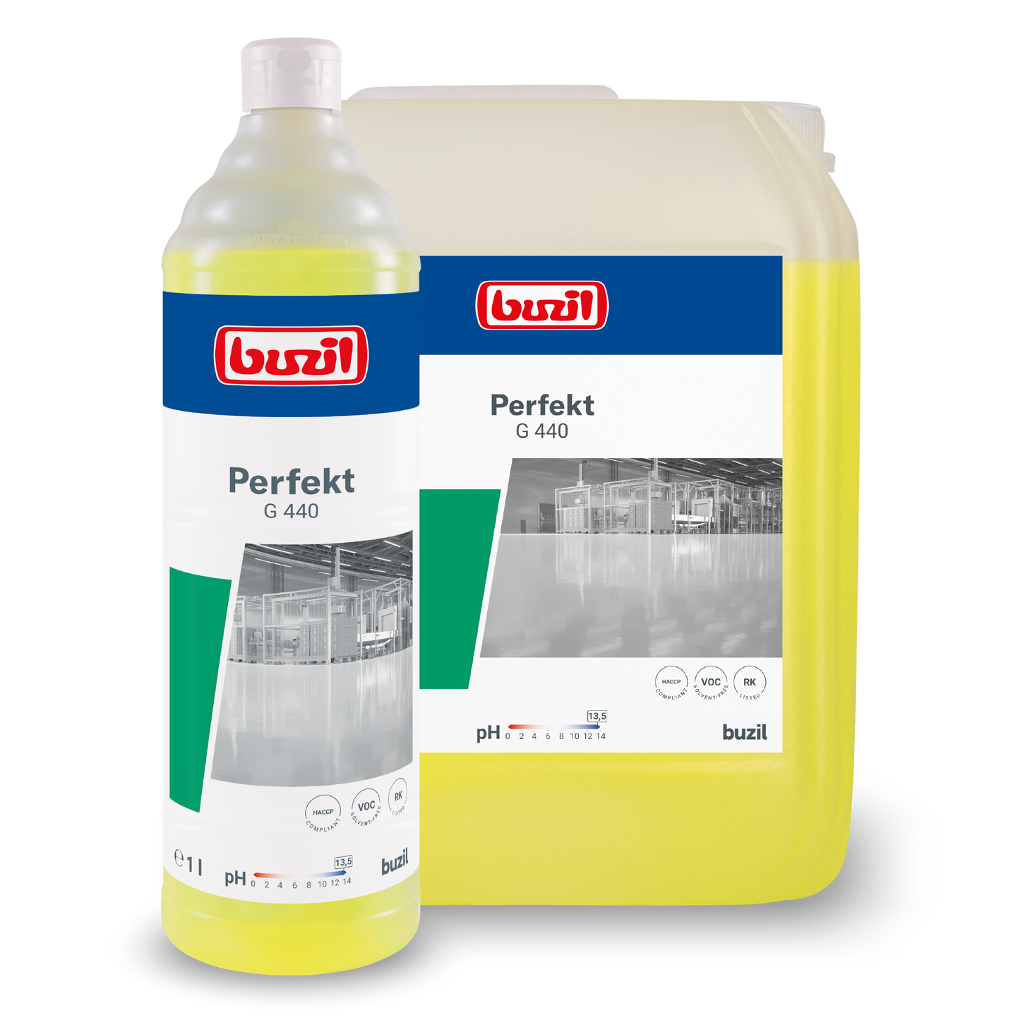 Sunt ilustrate două recipiente ale Buzil Perfekt G 440 Detergent alcalin intensiv pentru curățarea podelelor de la BUZIL-WERK Wagner GmbH & Co. KG. Cel mai mic, o sticlă de un litru cu capac cu filet și recipientul mai mare din plastic sunt etichetate cu imagini din mediul industrial. Acest detergent este deosebit de eficient pe suprafețele care conțin ulei și grăsime.