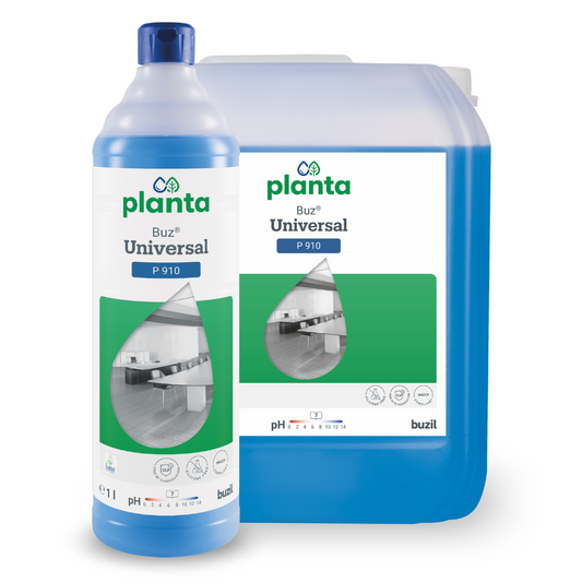 Ausgestellt sind eine Flasche und ein großer Behälter Buzil Planta Buz® Universal P 910 Ökologischer Universalreiniger, die jeweils eine blaue Flüssigkeit enthalten. Die Etiketten zeigen ein Küchenbild, Produktdetails und einen limettengrünen Farbblock, der die Zertifizierung mit dem EU-Umweltzeichen hervorhebt.