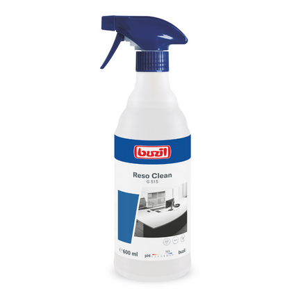 O sticlă cu pulverizator de 600 ml Buzil Reso Clean G 515 Soluție de curățare spray gata de utilizare de la BUZIL-WERK Wagner GmbH & Co. KG are un corp alb cu etichetă albastră și capac, precum și o duză de pulverizare. Asigură o strălucire fără urme, iar eticheta conține o imagine și informații detaliate despre produs.