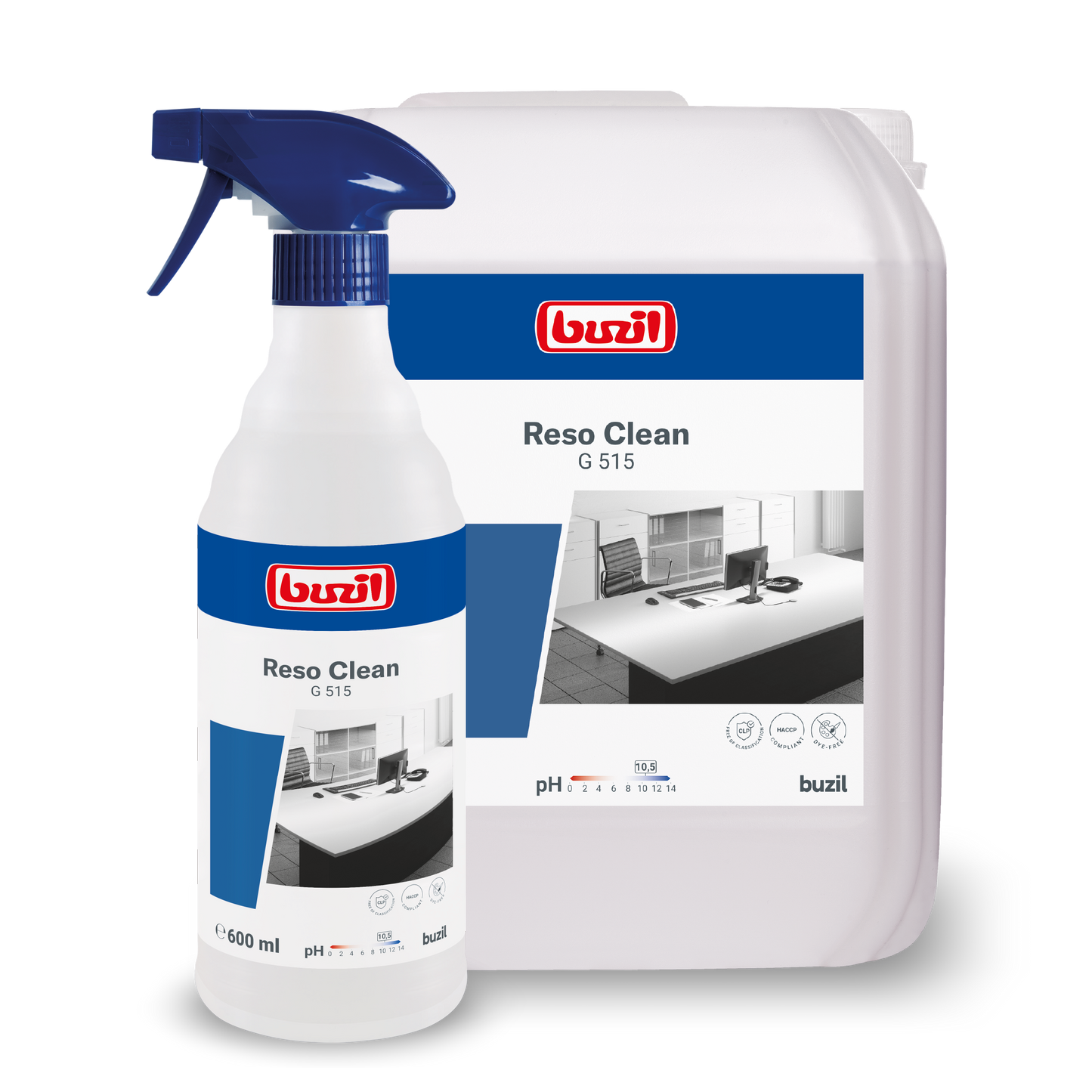Două recipiente cu Buzil Reso Clean G 515 Soluție de curățare spray gata de utilizare de la BUZIL-WERK Wagner GmbH & Co. KG sunt prezentate și subliniază curățenia lor puternică. Cel mai mic este o sticlă cu pulverizator, iar cel mai mare este un recipient de reumplere. Ambele au etichete albastre cu detalii despre produs și branding pentru o strălucire fără urme.