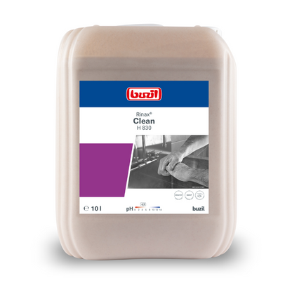 Un recipient de 10 litri Buzil Rinax® Clean H 830 Cremă de spălat pe mâini de la BUZIL-WERK Wagner GmbH & Co. KG asigură o curățare delicată și are o etichetă albastru-violet cu informații detaliate despre produs. Eticheta arată o imagine alb-negru a unei persoane care curăță o suprafață, și astfel reprezintă igiena profesională.