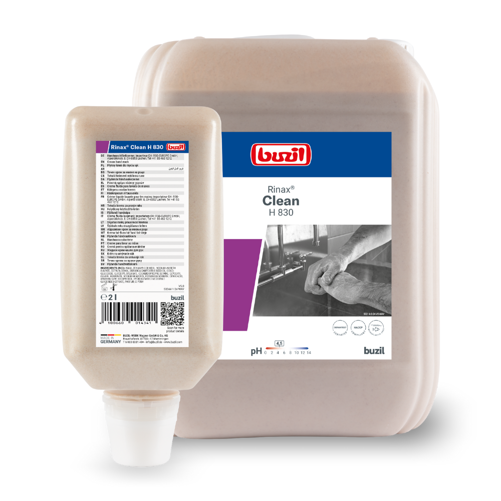 Imaginea arată două recipiente Buzil Rinax® Clean H 830 Cremă de spălat pe mâini de la BUZIL-WERK Wagner GmbH & Co. KG. Recipientul mai mare este un ulcior cu mâner, în timp ce cel mai mic este o sticlă cu capac dozator. Ambele etichete subliniază curățarea delicată și igiena profesională a mâinilor, subliniind astfel formula cremei de spălat pe mâini.