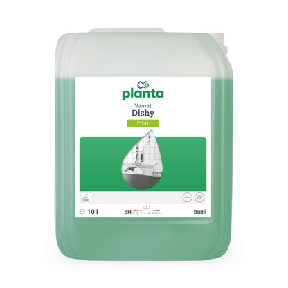 Un container de 10 litri cu detergentul ecologic pentru vase și detergent neutru Buzil Vamat® Dishy P 941 este etichetat cu un simbol de chiuvetă și simboluri pentru curățarea industrială. Produsul este biodegradabil, are un pH de 7 și marca „BUZIL-WERK Wagner GmbH & Co. KG” este afișată proeminent în dreapta jos.